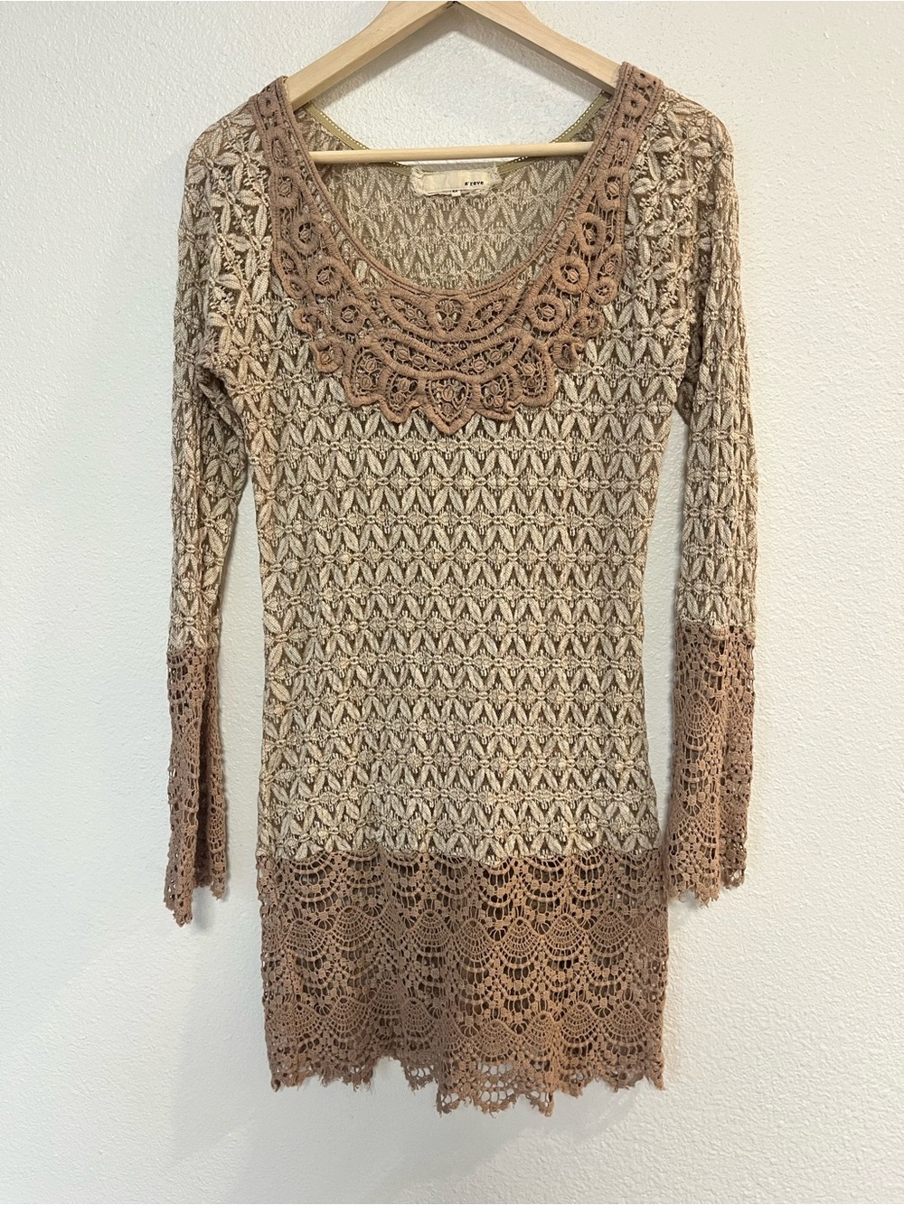 A'Reve Beige & Brown Crochet Long Sleeve Dress‎